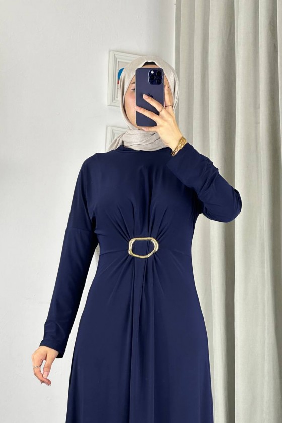 61558 - Kemerli Tesettür Elbise Laci̇vert-B2