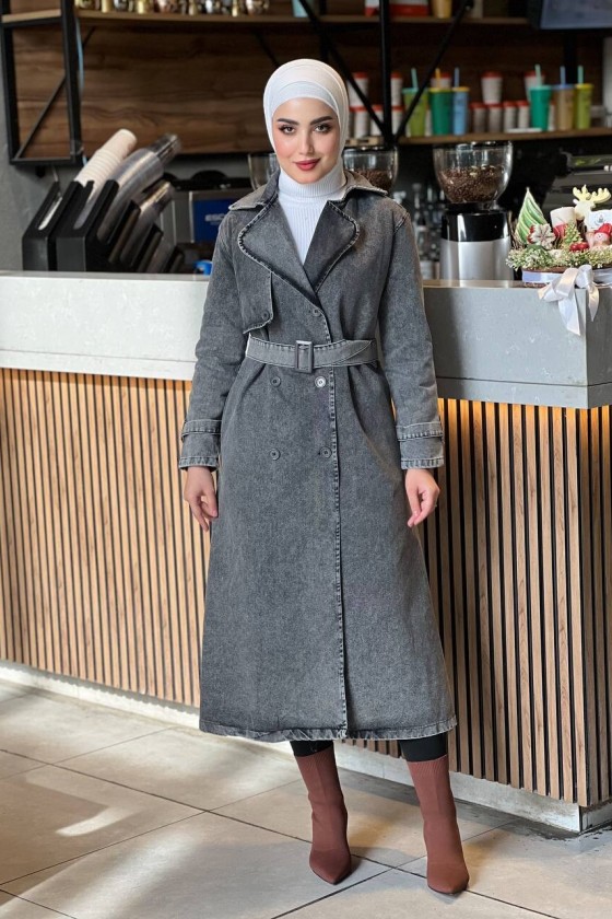 4409 Kot Tesettür Trençkot Si̇yah-Z3