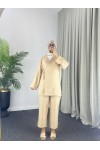 3500 - Keten Kumaş Kimono Takım Bej-Z10