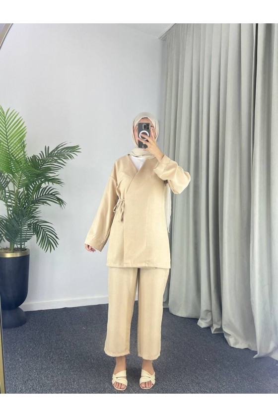 3500 - Keten Kumaş Kimono Takım Bej-Z10