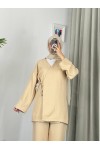 3500 - Keten Kumaş Kimono Takım Bej-Z10