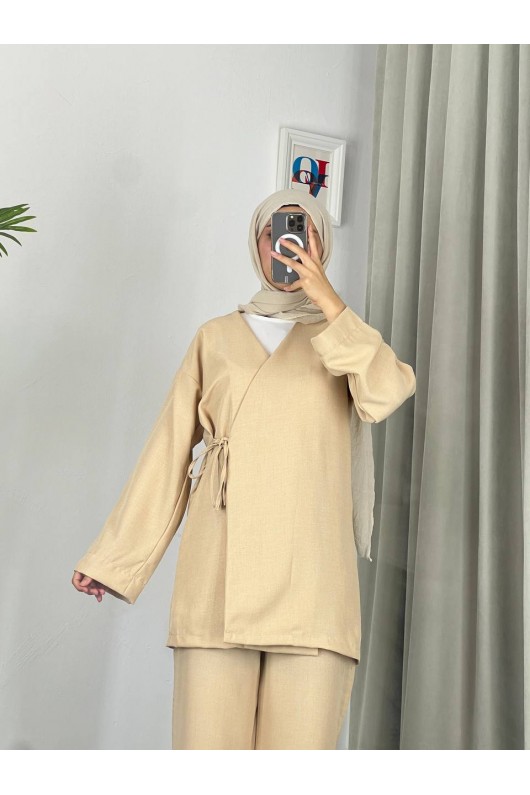 3500 - Keten Kumaş Kimono Takım Bej-Z10