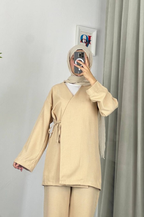 3500 - Keten Kumaş Kimono Takım Bej-Z10