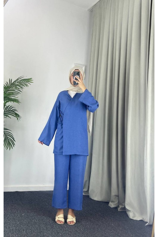 3500 - Keten Kumaş Kimono Takım Mavi̇-Z10