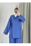 3500 - Keten Kumaş Kimono Takım Mavi̇-Z10