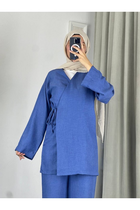 3500 - Keten Kumaş Kimono Takım Mavi̇-Z10