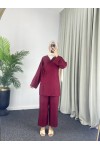 3500 - Keten Kumaş Kimono Takım Bordo-Z10