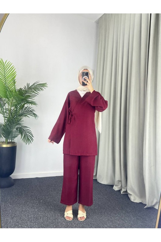 3500 - Keten Kumaş Kimono Takım Bordo-Z10