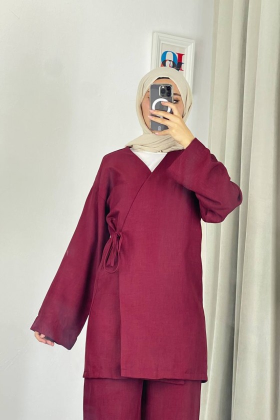 3500 - Keten Kumaş Kimono Takım Bordo-Z10
