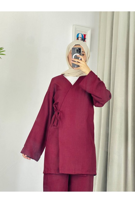 3500 - Keten Kumaş Kimono Takım Bordo-Z10