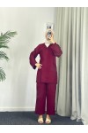 3500 - Keten Kumaş Kimono Takım Bordo-Z10