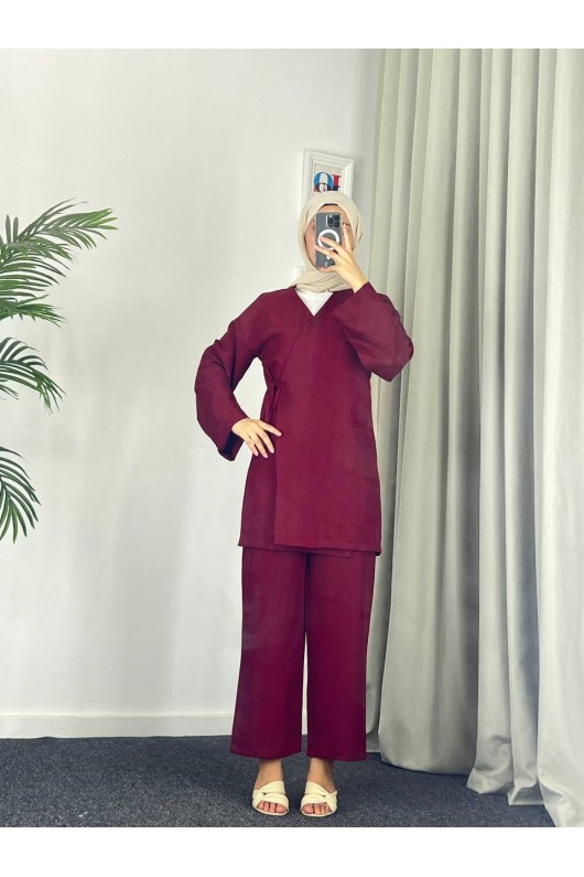 3500 - Keten Kumaş Kimono Takım Bordo-Z10