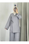 3500 - Keten Kumaş Kimono Takım Gri̇-Z10