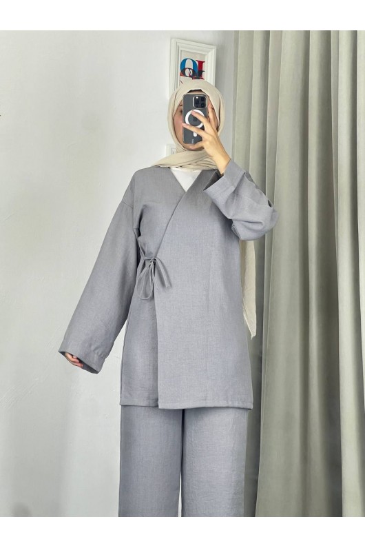 3500 - Keten Kumaş Kimono Takım Gri̇-Z10