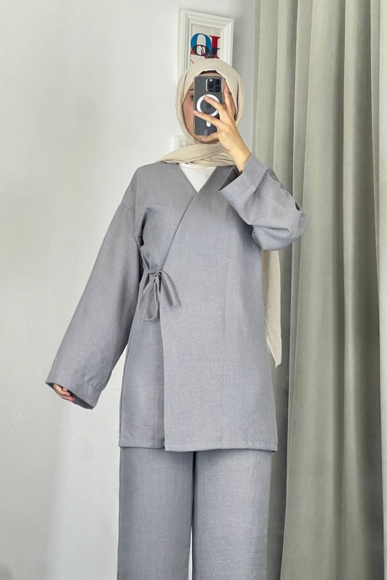 3500 - Keten Kumaş Kimono Takım Gri̇-Z10
