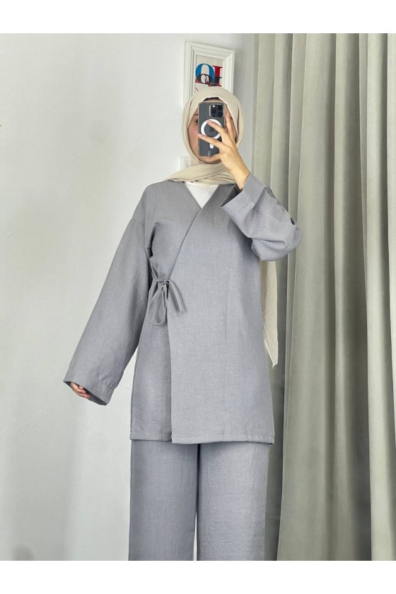 3500 - Keten Kumaş Kimono Takım Gri̇-Z10