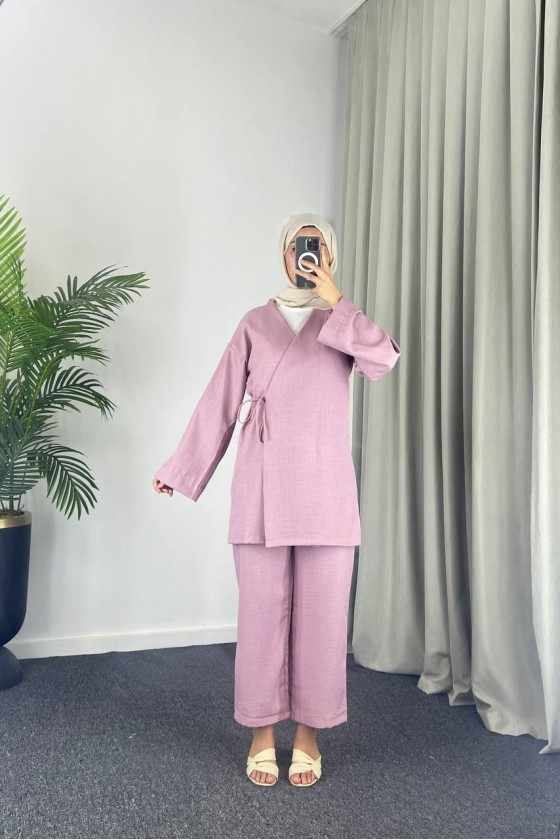 3500 - Keten Kumaş Kimono Takım Pembe-Z10