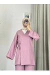 3500 - Keten Kumaş Kimono Takım Pembe-Z10