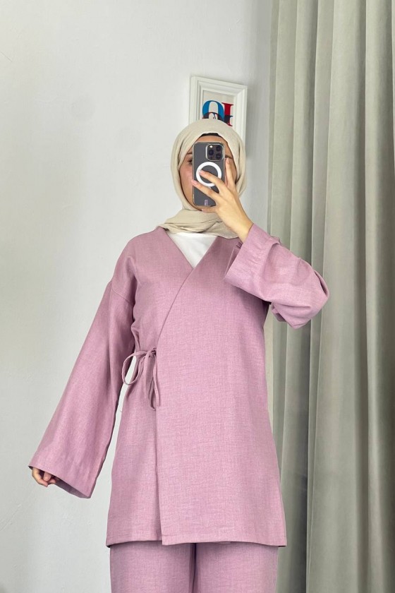 3500 - Keten Kumaş Kimono Takım Pembe-Z10