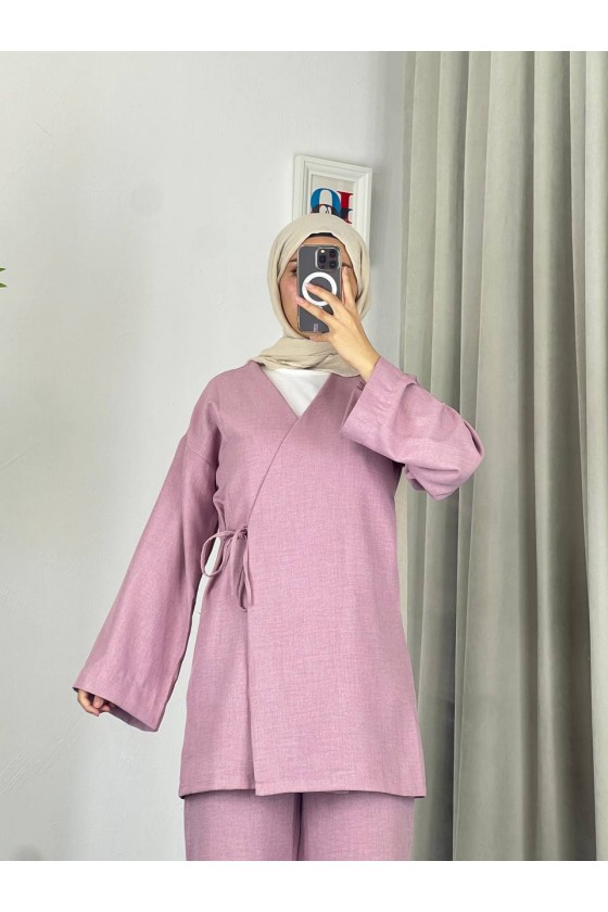 3500 - Keten Kumaş Kimono Takım Pembe-Z10