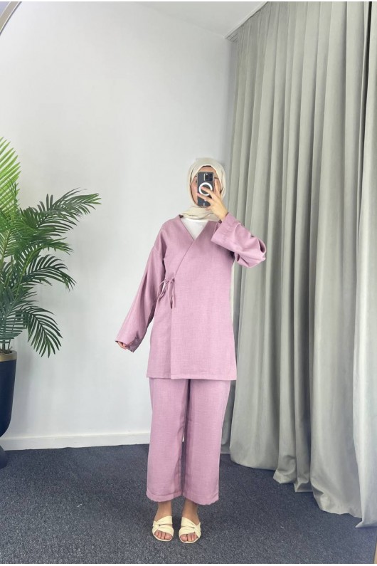 3500 - Keten Kumaş Kimono Takım Pembe-Z10