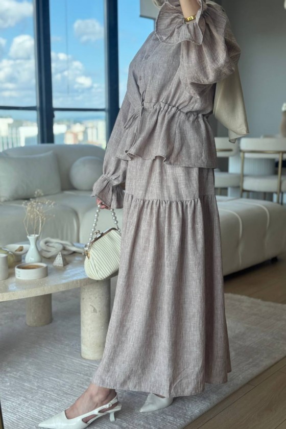 3501 - Keten Kumaş Tesettür Takım Bej-G5 3501 - Keten Kumaş Tesettür Takım Bej-G5