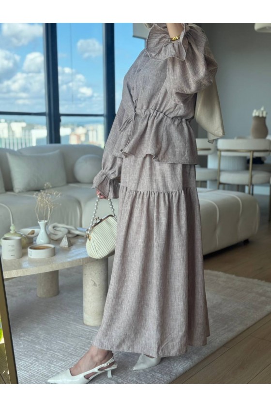 3501 - Keten Kumaş Tesettür Takım Bej-G5