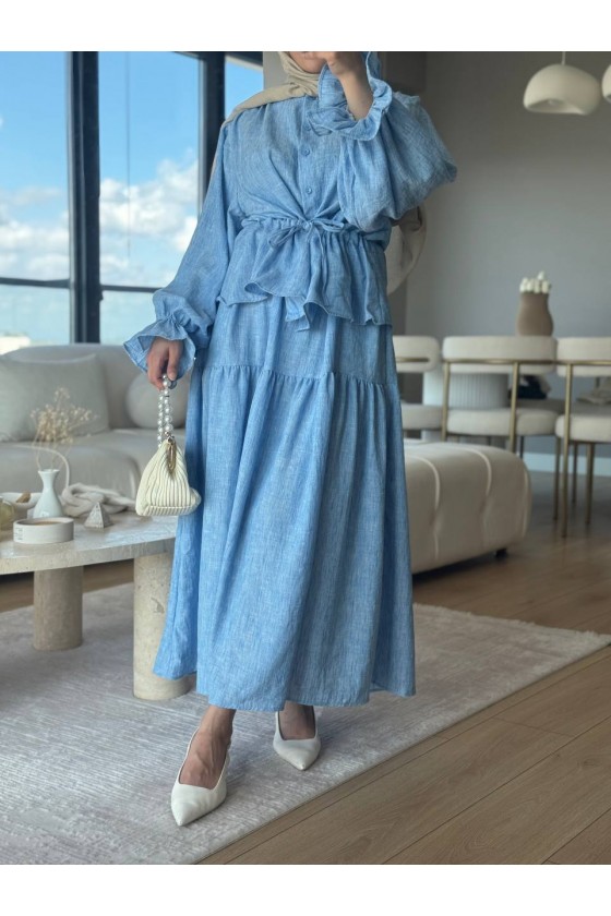 3501 - Keten Kumaş Tesettür Takım Mavi̇-G5