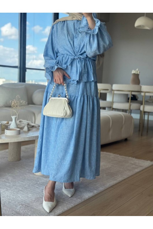 3501 - Keten Kumaş Tesettür Takım Mavi̇-G5