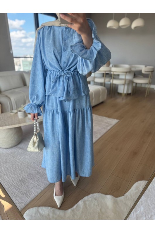 3501 - Keten Kumaş Tesettür Takım Mavi̇-G5