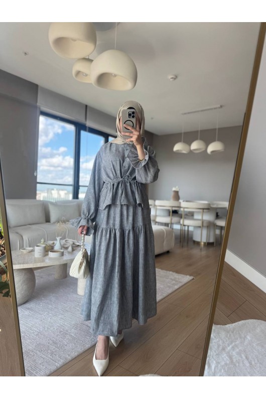 3501 - Keten Kumaş Tesettür Takım Gri̇-G5