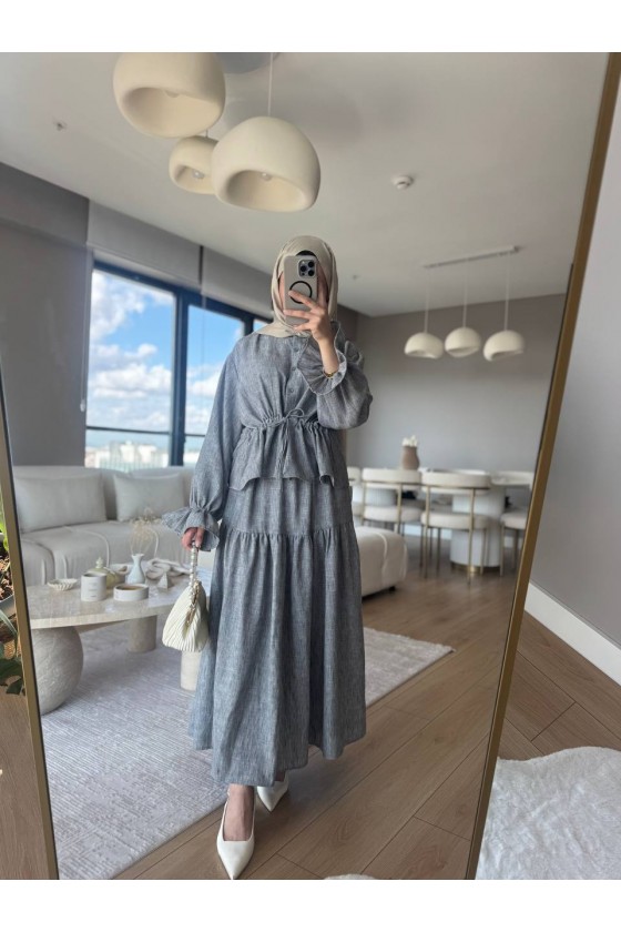 3501 - Keten Kumaş Tesettür Takım Gri̇-G5