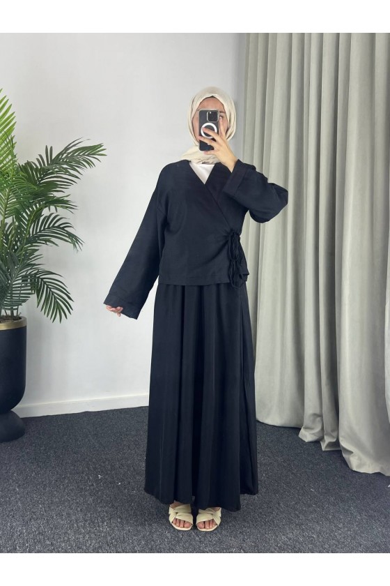 3509 - Keten Kumaş Kimono Takım Si̇yah-Z15