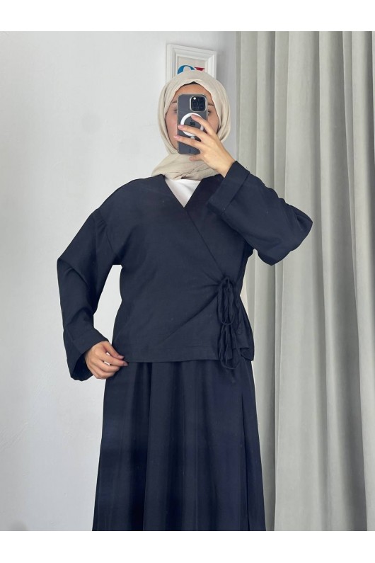 3509 - Keten Kumaş Kimono Takım Si̇yah-Z15