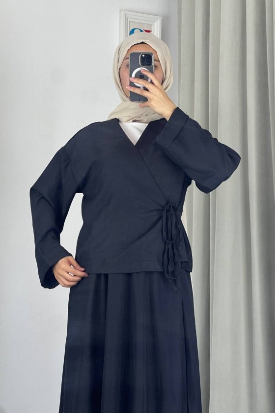 3509 - Keten Kumaş Kimono Takım Si̇yah-Z15