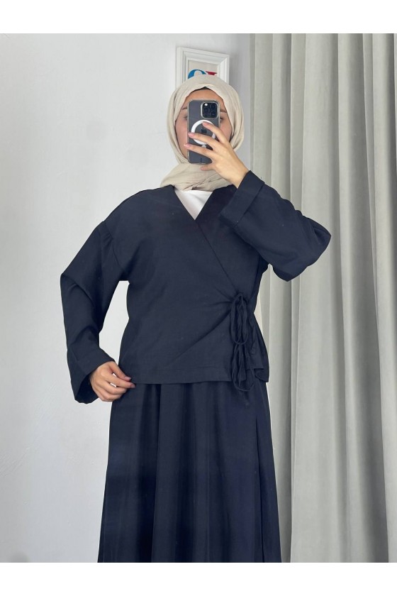 3509 - Keten Kumaş Kimono Takım Si̇yah-Z15