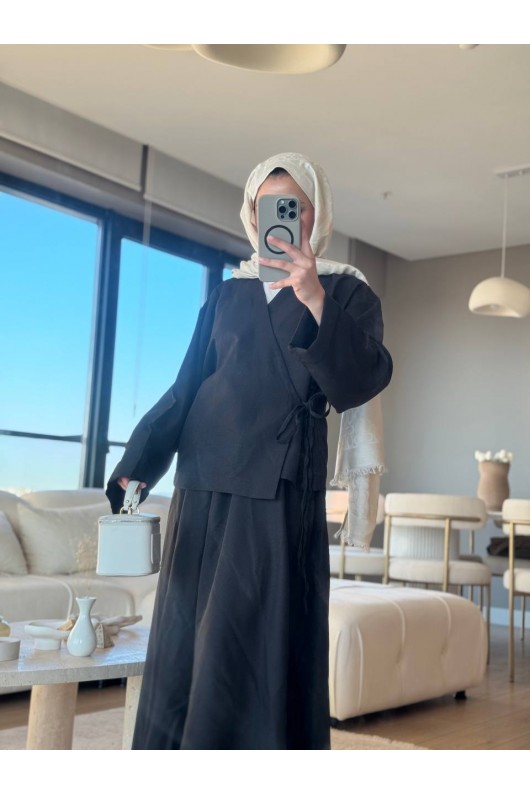 3509 - Keten Kumaş Kimono Takım Si̇yah-Z15