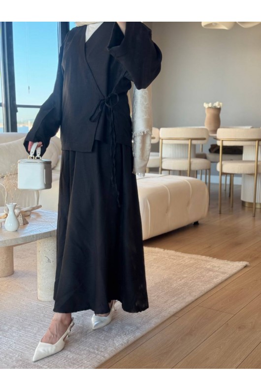 3509 - Keten Kumaş Kimono Takım Si̇yah-Z15