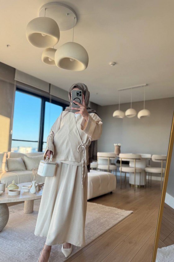 3509 - Keten Kumaş Kimono Takım Bej-Z15