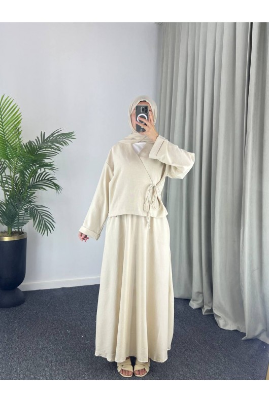 3509 - Keten Kumaş Kimono Takım Bej-Z15