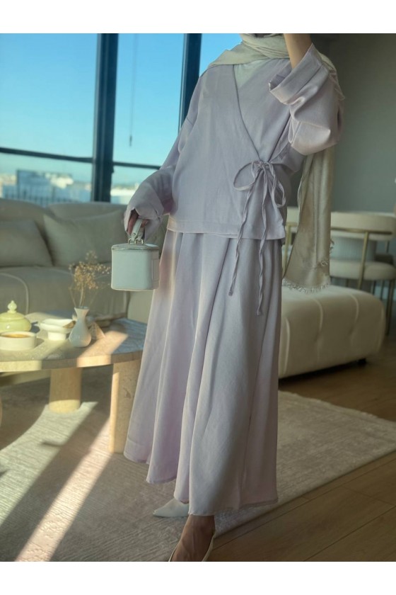 3509 - Keten Kumaş Kimono Takım Mor-Z15