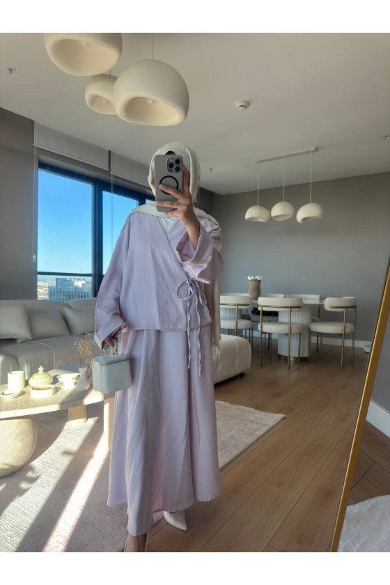 3509 - Keten Kumaş Kimono Takım Mor-Z15