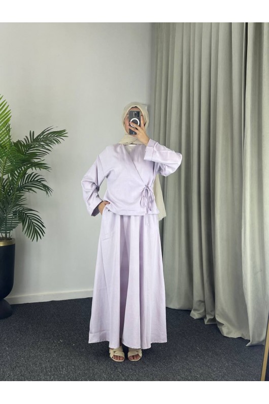 3509 - Keten Kumaş Kimono Takım Mor-Z15