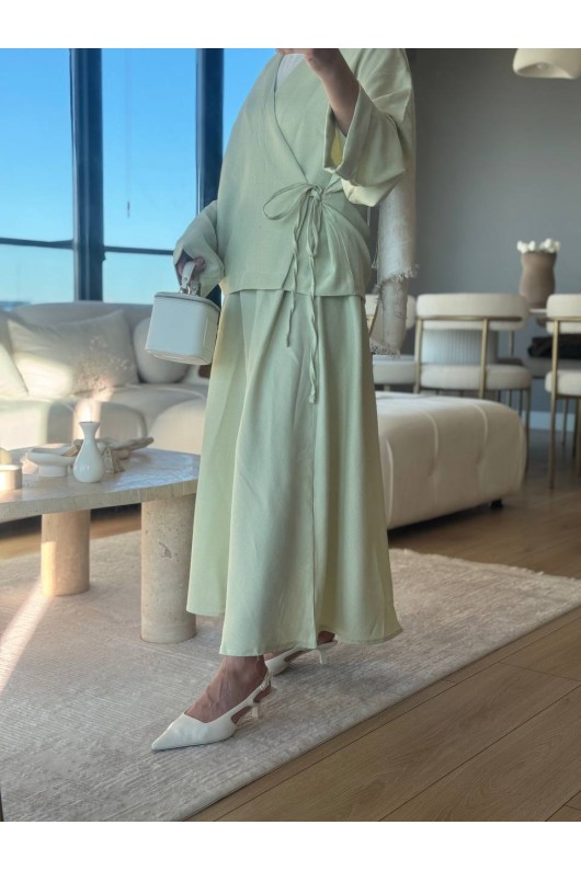 3509 - Keten Kumaş Kimono Takım Yeşi̇l-Z15