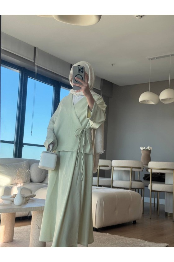 3509 - Keten Kumaş Kimono Takım Yeşi̇l-Z15