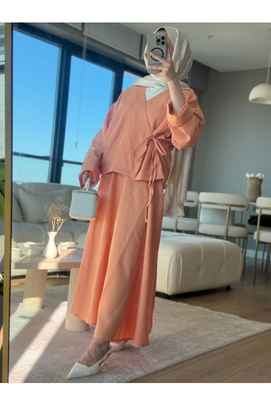 3509 - Keten Kumaş Kimono Takım Turuncu-Z15 3509 - Keten Kumaş Kimono Takım Turuncu-Z15