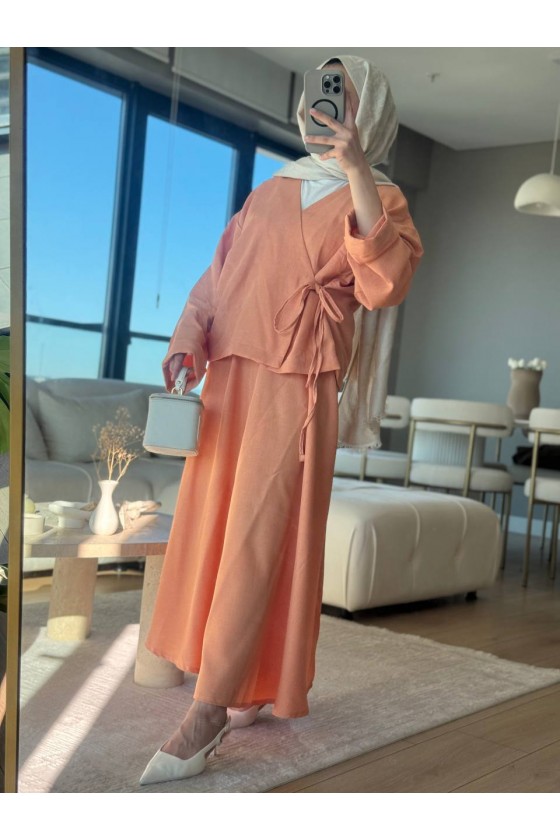 3509 - Keten Kumaş Kimono Takım Turuncu-Z15