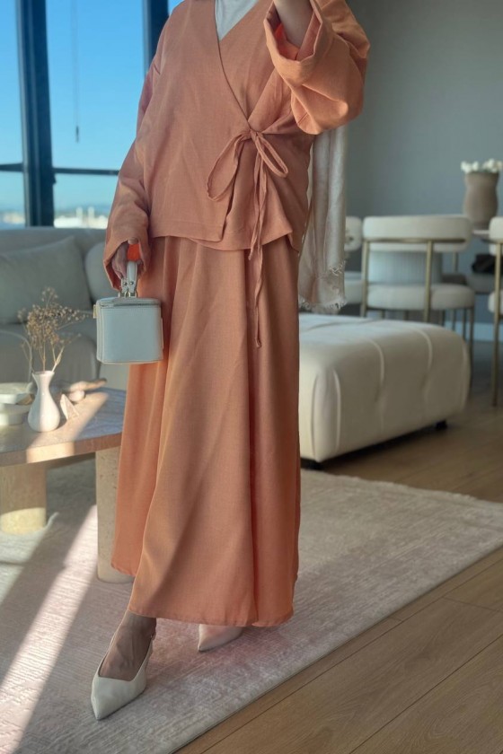 3509 - Keten Kumaş Kimono Takım Turuncu-Z15