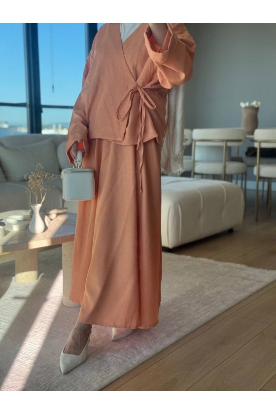 3509 - Keten Kumaş Kimono Takım Turuncu-Z15 3509 - Keten Kumaş Kimono Takım Turuncu-Z15