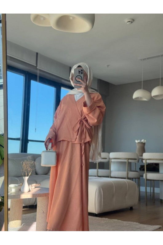 3509 - Keten Kumaş Kimono Takım Turuncu-Z15 3509 - Keten Kumaş Kimono Takım Turuncu-Z15